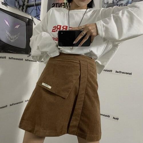 Winter Corduroy Short Skirt Korean Tooling Student Irregular Solid Woman A-Line Mini Skirt High Waist Casual Pockets Clothes