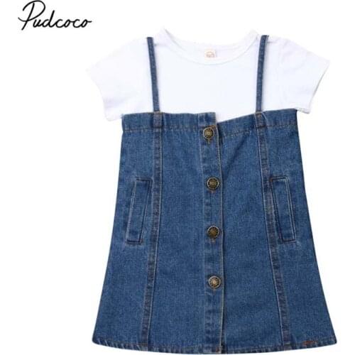 2019 Brand Toddler Kid Baby Girl Casual Denim Summer Outfits Clothes Short Sleeve Button T- Shirt Top Bib Skirt 2Pcs Set