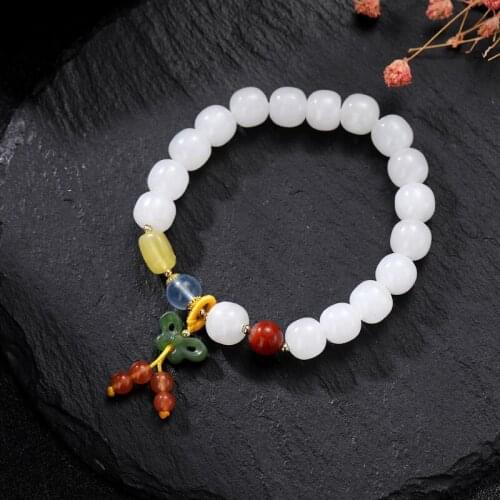 White Hotan Jade Beeswax Beaded Bracelet for Women Cute Butterfly Charm Bracelet Gift Bangles Accessories Jewelry