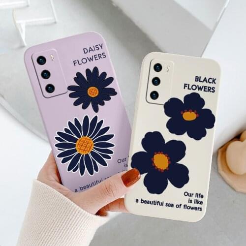 Black Daisy Liquid Silicone Case For Huawei P40 P30 P20 Mate 40 30 20 Pro Lite P Smart 2021 Y7A Ultra Thin Phone Back Cover