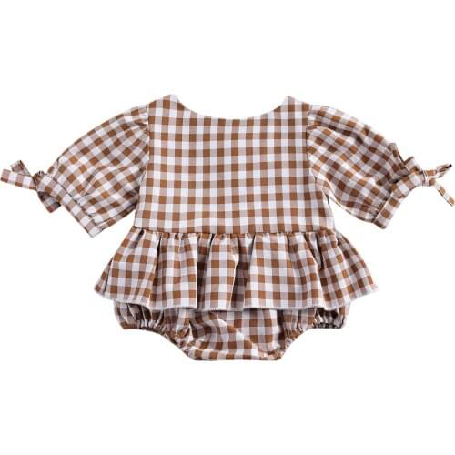 Baby Girls Long Sleeve Plaid Romper Dress Chocolate Stripe Printed Pattern Round Collar One-Piece Cotton Clothes 2021 Spring New