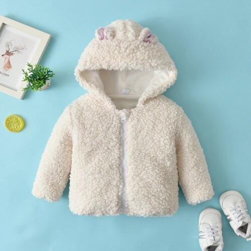 0-24M Winter Warm Toddler Baby Fur Coats Baby Girls Solid Color 3D Ears Hooded Fleece Long Sleeve Outwear Lamb Wool Top