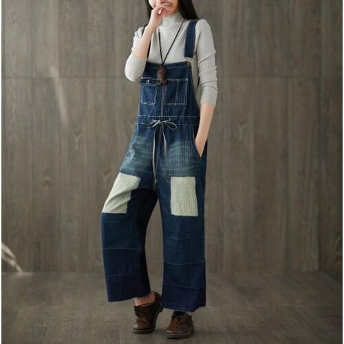 Large size Drop Crotch Denim Rompers Pants Baggy Drawstring Washed Denim Jumpsuits Wide Leg Suspenders Bib jean Tooling Overalls