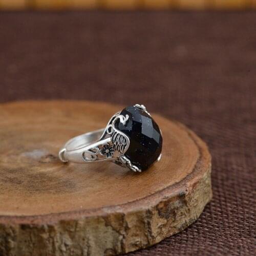 FNJ 925 Silver Animal Peacock Ring Original S925 Sterling Silver Rings for Women Jewelry Open Adjustable Size Black Agate