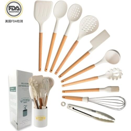 10 pcs set White Cooking Silicone Utensils With Beech wood handle Multifunction Handle Non-Stick kitchen gadget and accessories