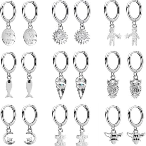 2020 Real 925 Sterling Silver Fashion Bee Snake Love Fish Owl Eye Charm Small Hoop Earring For Women Wedding Fine Jewelry DA1802