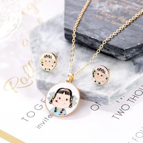 2020 New Treny Small Enamel Smile Girl Pendant Necklace and Earrings for Women Girl Fashion Jewellery Set Accessories