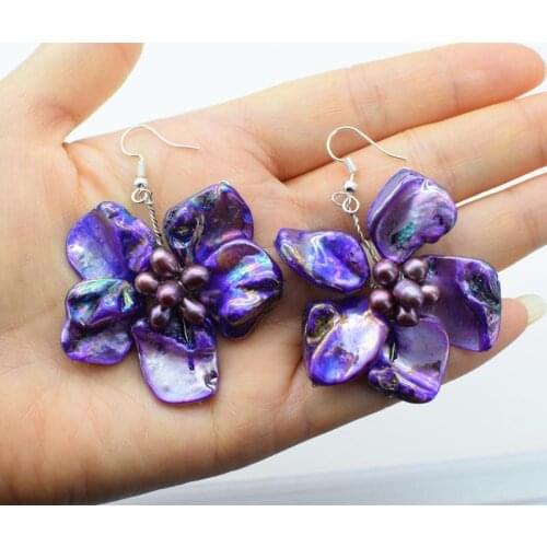 One pair freshwater pearl and shell flower purple earrings 40-50mm wholesale beads nature FPPJ
