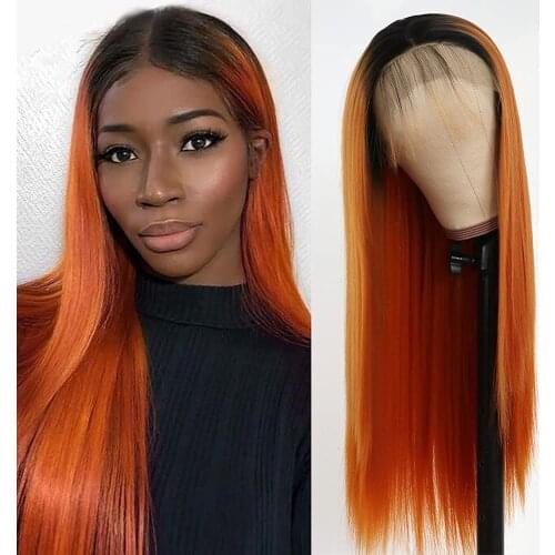 Ombre Ginger Orange 26 Inch Long Synthetic Lace Front Wig Silky Straight With Baby Hair For Black Women Daily Use Preplucked