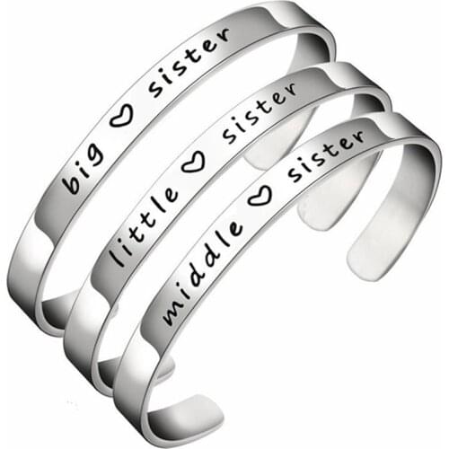 Opened Bracelet Stainless Steel Sister Friendship Witnes Letter Bangle Inspirational Message Cuff Jewelry Little Middle Big Size