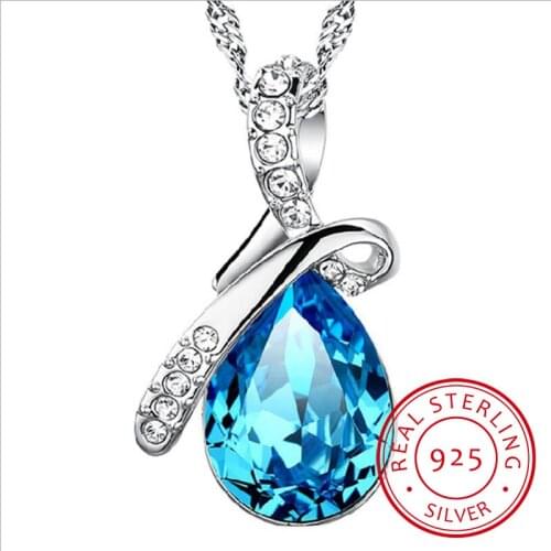Blue Crystal Angel Tear Pendant Necklace 925 Sterling Silver Waterdrop Necklace for Women Fine Jewelry
