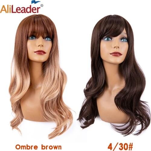 Alileader Light Brown Synthetic Curly Wig Long Wave Wig With Bangs For Women Omber Brown Hair Heat Resistant Cosplay Party Daily