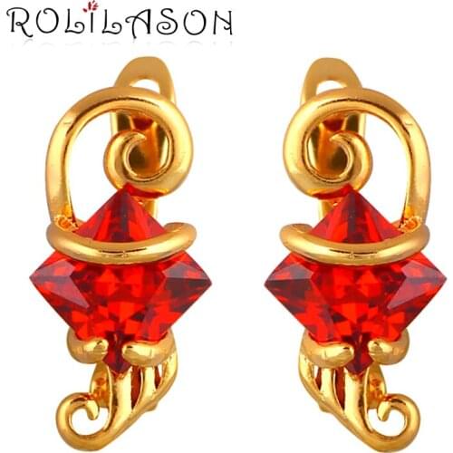 ROLILASON Trendy Square Gold Tone Clip Earrings for Women Crystal Wholesale Price Fashion Jewelry for Ladies JES1079