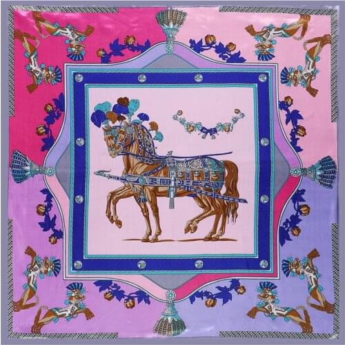 POBING Luxury Horse Print Hijab Women Satin Silk Scarf Shawl Foulard Femme Square Head Scarves Wraps 90*90CM