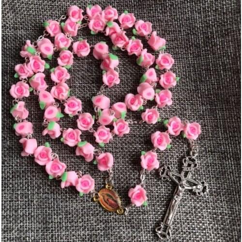 PINK Soft Cerami Beads Rosary rose flower shape Jesus Cross Necklace Virgin Guadalupe rosary center