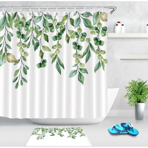 Spring Green Plant Leaves White Shower Curtain Set Waterproof Polyester Fabric Bath Curtains For Bathroom Bathtub Non-slip Mat