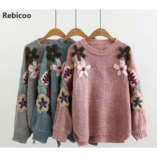 New Autumn and Winter Embroidery Sweaters Women Retro Flower Embroidery Pullover Loose O-neck Sweater Female Jumpers