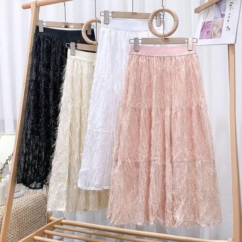 White Pink Midi Long Mesh Skirt Womens Fashion Korean Tassel Skirts Female New Spring Summer High Waist Party A-Line Skirt Lady