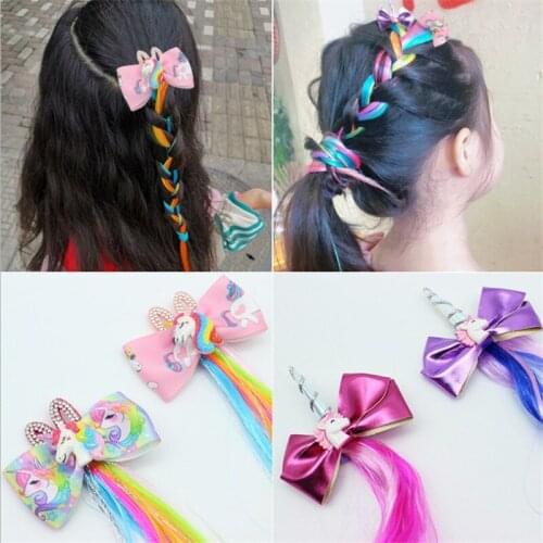 Girls Rhinestone Colorful Pigtail Wig Unicorn Hair Clips Barrette Headband Ornament Hairpins Kids Laser Fashion Hair Accessories