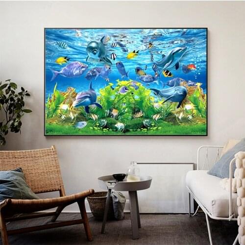 Green Seaweed Plant Room Home Decoration Marine Animal Coral Jellyfish Dolphin Fish Oil Painting Canvas Poster Wall Art Mural