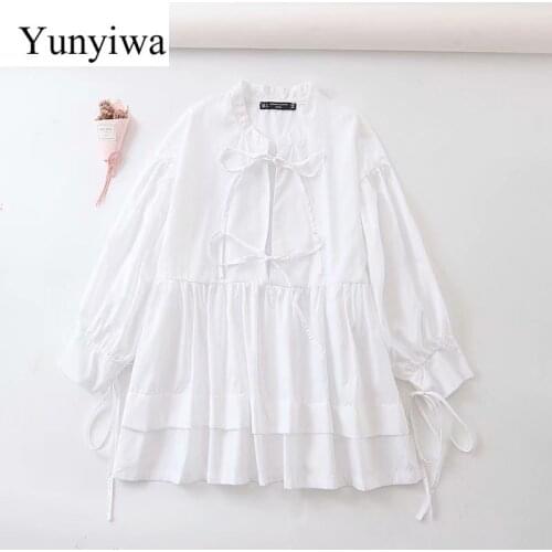 Women Elegant Bow Tied Decoration Casual Loose Smock Blouses Shirt Chic Chemise Hem Patchwork Blusas Tops