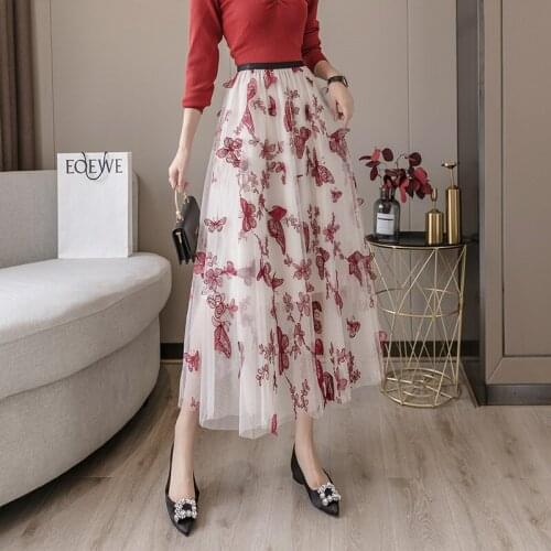 Heavy Industry Embroidery Butterfly Mesh Skirt Women High Waist Tulle Fairy Skirt Woman Elastic Waist Slim Sweet Skirts Women