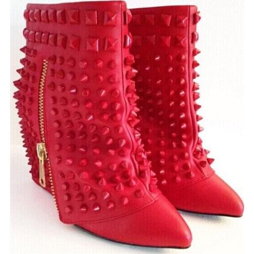 Fashion Shark Wedged Heel Women Boots Pointed Toe Rivets Platfrom Ankle Boots Shoes Woman Autumn Winter Rain Boots Botas Mujer