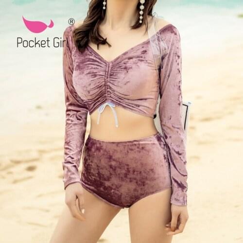 Pocket Girl 2021 Korean Style High Waist Bikini Set Women Biquini Suit Two Pieces Swimwear Solid Swimsuit Velvet Beach Suit