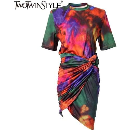 TWOTWINSTYLE Print Hit Color Two Piece Set For Women O Neck Short Sleeve Tops Ruched Skirts Tie Dye Sets Female Fashion New 2021