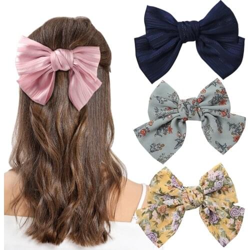 Women Silk Oversized Bowsknot Solid Color Hair Clip Wild Knotted Hair Clip Floral Top Clip Fashion Hairpins Hair Accessories