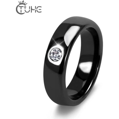 2019 One Stone Inlay Natural Zircon White Ceramic Women Rings 6mm Width Smooth Wedding Bohemia Luxury Party Fine Simple Jewelry