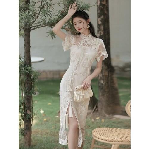 Summer New Womens Retro Chinese Style Temperament Noble And Thin Cheongsam Dress Embroidered Lace Mid-Length Dress
