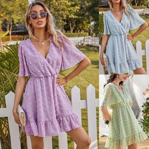 2021 New Summer Women Chiffon Dress Ladies Sexy V-Neck Flare Sleeve High-Waisted A-line Beach Dresses Female Casual Clothes