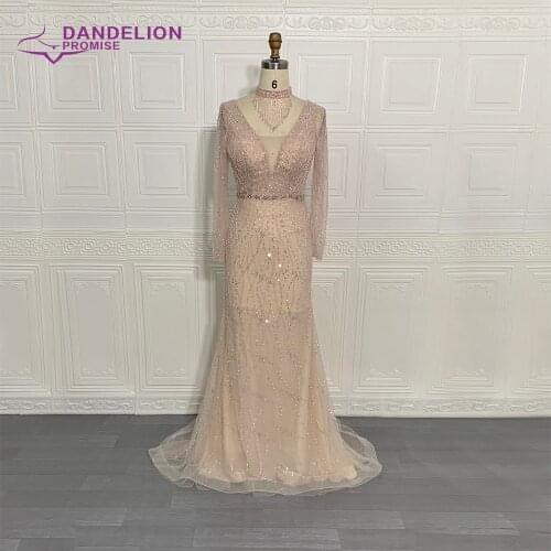 Dubai Mermaid Pink Beading Sequined Evening Dress For Women 2021 V-Neck Long Sleeves Luxury Formal Party Gown