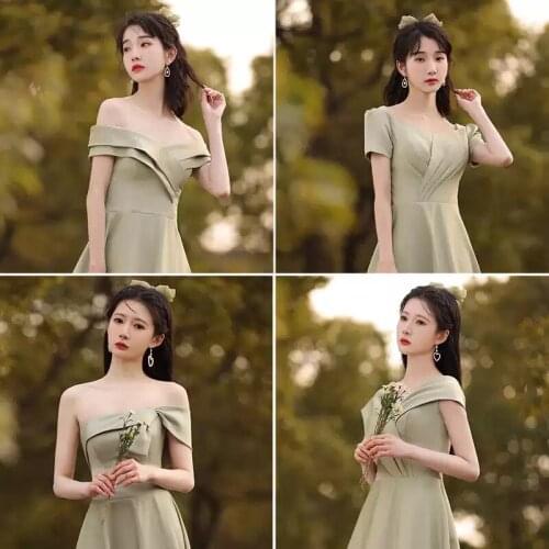 Bridesmaids Dresses Vintage Short V-Neck Pleat Jersey Off The Shoulder Floor-Length Luxury Green Women Wedding Party Gown E617