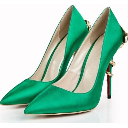 Satin 12cm High Heel Prom Wedding Party Shoes Green Pointed Toe Women Pumps Evening Dress Shoes Fashion Cobra Heels