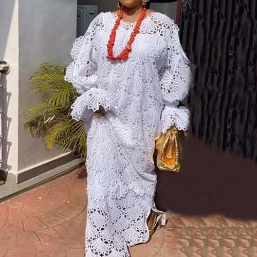 White lace two piece dress for women long flare sleeve sexy ladies hollow oversize vestidos african fashion maxi party dresses