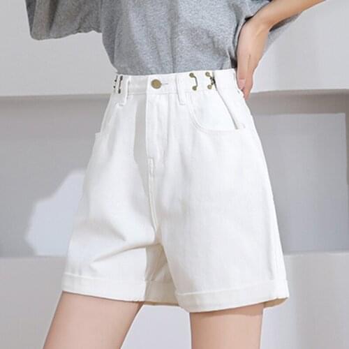 Zoki White Women Denim Shorts Jeans A Line Loose Button Pocket Fashion Korean Thin All Match High Waist Street Summer New 2021