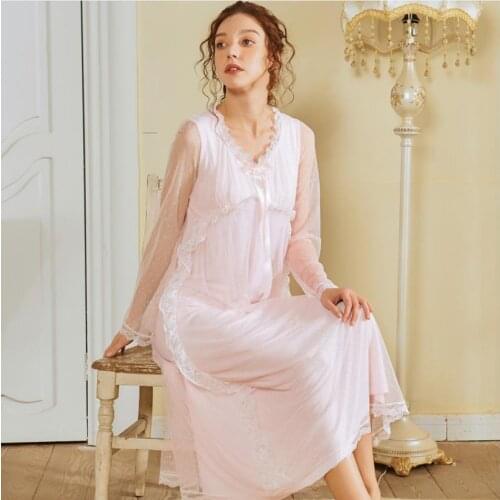 Long palace nightdress female sense mesh ruffles long sleeve lace sleep dress princess style sleep dress long home dress F1865