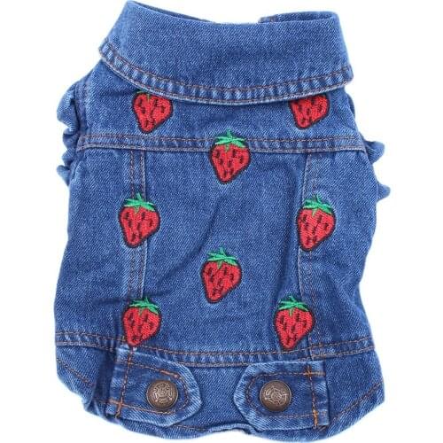 Jeans Dog Jacket Strawberrys Blue Denim Coat Vest Pet Puppy Clothes Apparel for Dog Cats Small Medium 6 sizes