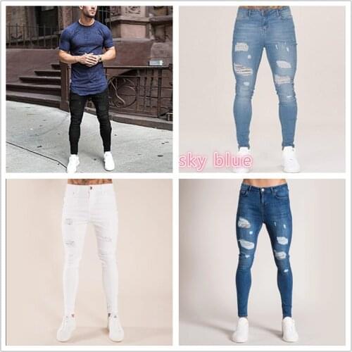 Men jeans, mens water-washed mens, tight-fitting knee-breaking European station, ripped jeans for men