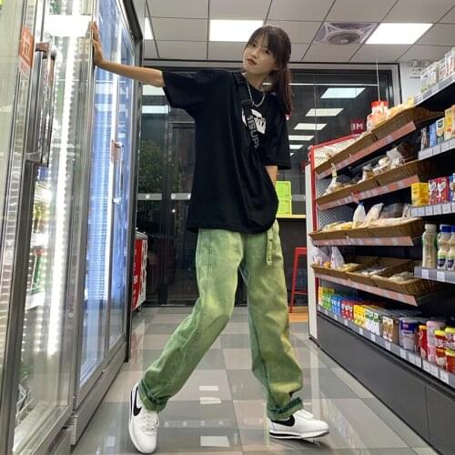 High Waist Green Washed Jeans Men and Women Straight Loose Jeans Ins Tide Brand Hip-hop Casual Wide-leg Green Ek Pants Men Jeans
