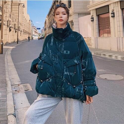 Womens Winter Cotton Jacket 2021 New Fashion Bright White Duck Down Thicken Mid-Length Korean Loose Stand-Up Collar Coat LN1