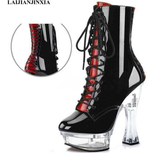 LAIJIANJINXIA New Women Sexy Ankle Boots Waterproof Transparent Platform Party Club Model 14cm High Heels Pole Dancing Shoes