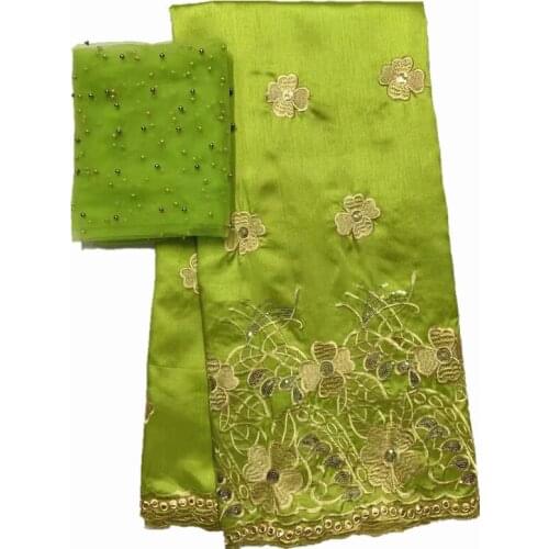 Lemon green raw silk George fabric 2019 high quality african Lace fabric George fabrics with tulle lace for wedding dress