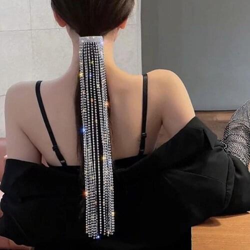 Night Queen Shiny Full Rhinestone Long Chain Tassel Hairpins Crystal Ponytail Holder Clips For Women Sexy Pary Nightclub
