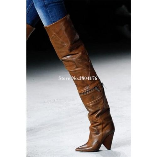 Newest Brand Women Fashion Pointed Toe Leather Over Knee Spike Heel Boots Zipper Design Slim Long Boots Party Club Shoes