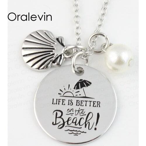 Wholesale LIFE IS BETTER ON THE BEACH Engraved Disc Pendant Charms Necklace Gift Jewelry 18inch, 22MM, 10Pcs/Lot,#LN138