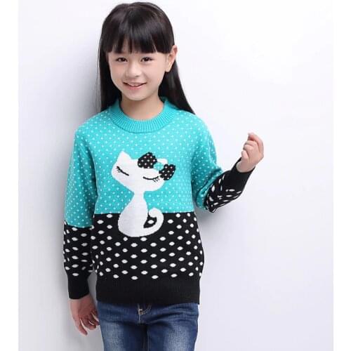Girls Sweater 2016 Children New Sweater Cuhk Knitting Round Collar Cat Line Unlined Upper Garment Girls Sweater