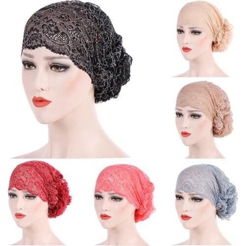 Women Lace Muslim Ruffle Turban Fashion Chemo Hat Beanie Scarf Head Wrap Elasticity Headscarf Cap Gift 7 Colors